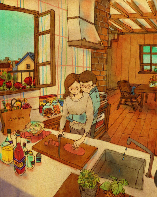 韩国暖心爱情插画