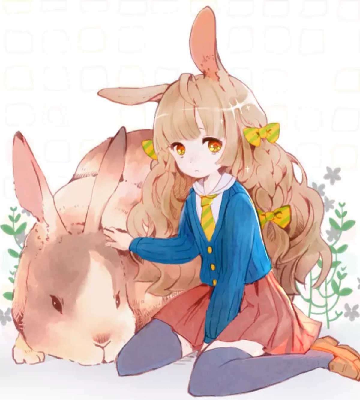 森系 唯美 兔耳 少女 小清新 温馨 治愈 兔子 萌 二次元 高清 插画