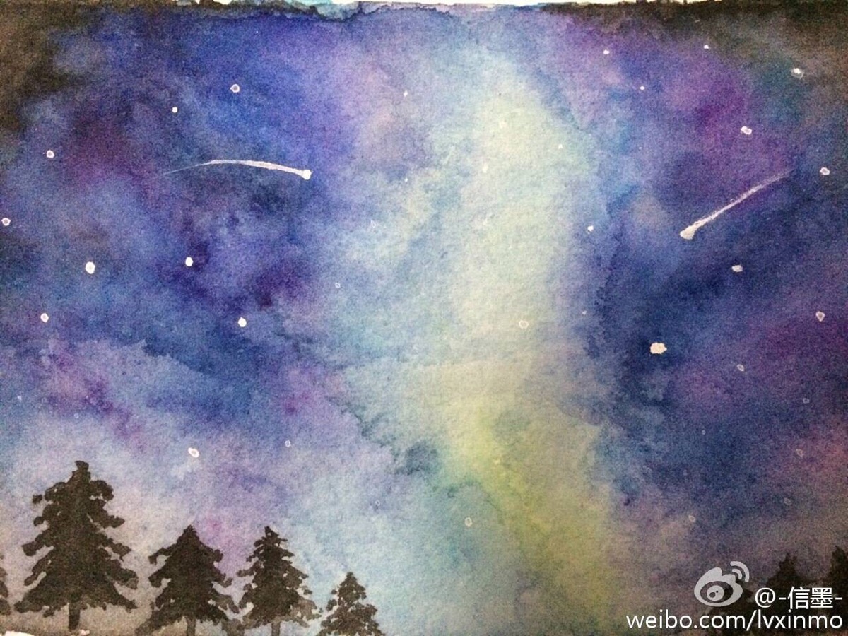 终于放假了昨天刚考完试回家,今年画的第一张水彩～星空明信片