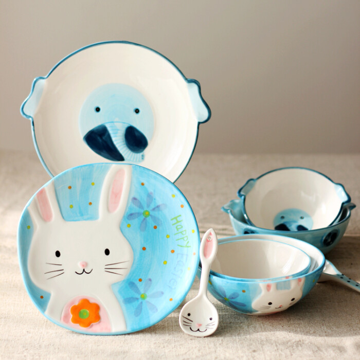 创意手绘日式浮雕陶瓷碗碟 可爱卡通动物盘子碗勺子儿童套装餐具