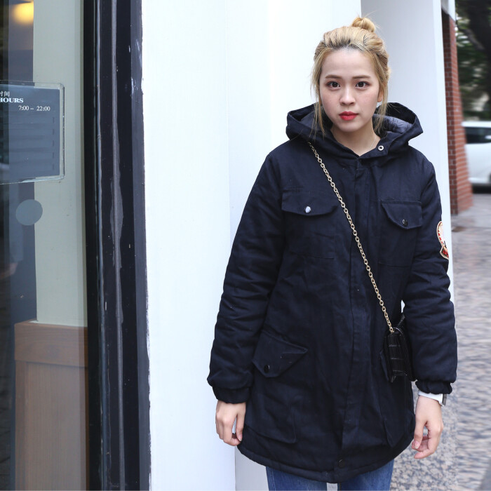 bbrun纯色棉服女中长款韩国保暖 棉服女学生毛