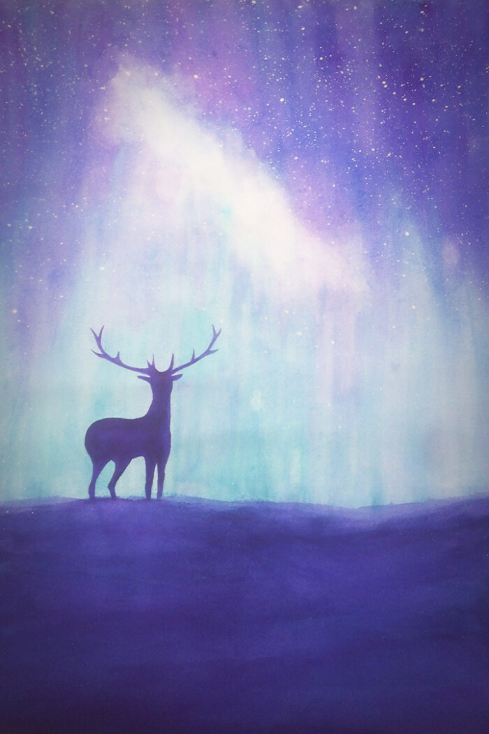 唯美的星空与鹿的水彩画 唯美梦幻手机桌面壁纸 原创个性