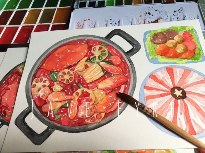 火锅店的水彩手绘菜单,需要定制手绘菜单的话联系微信lujia93119