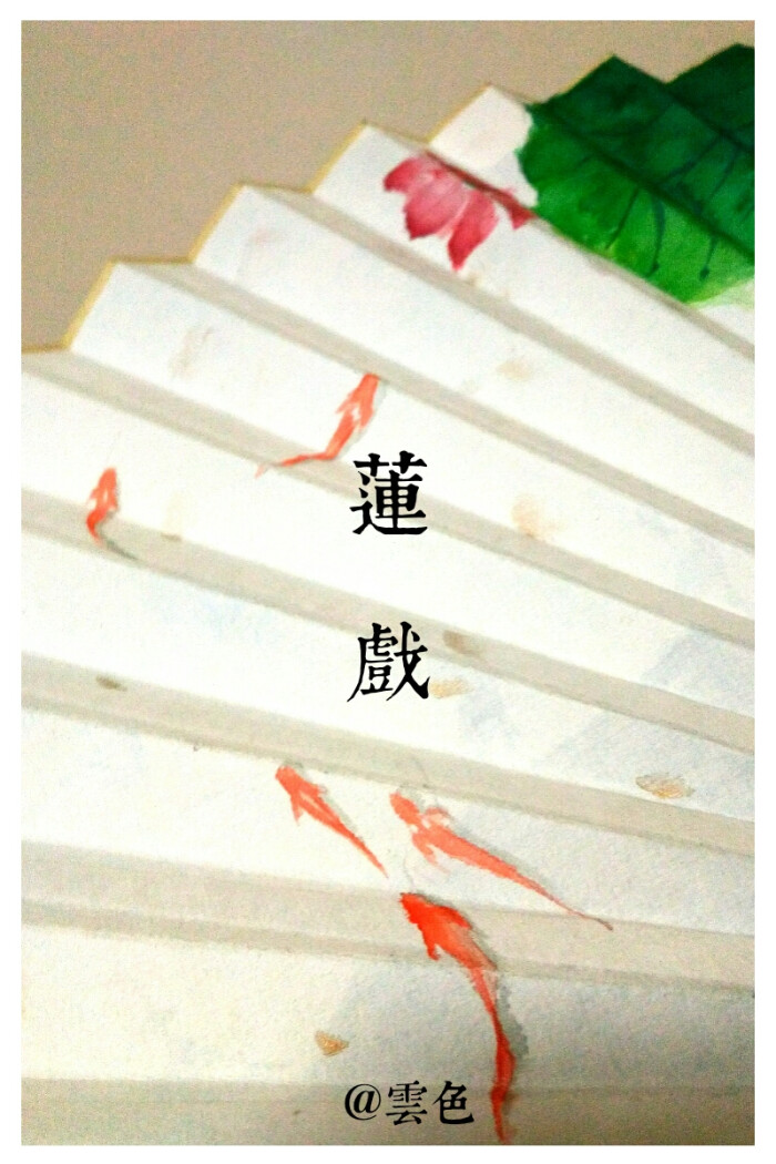 画扇 临摹鹿菏 莲戏 鱼戏莲叶间 水彩手绘折扇