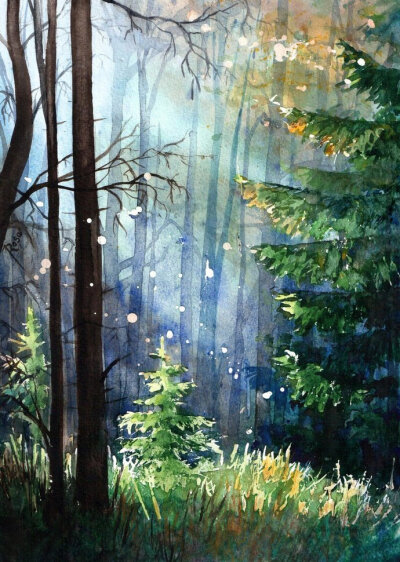 阳光透过树叶的缝隙,一缕一缕的,散落在森林的小路上;水光扑入清浅的