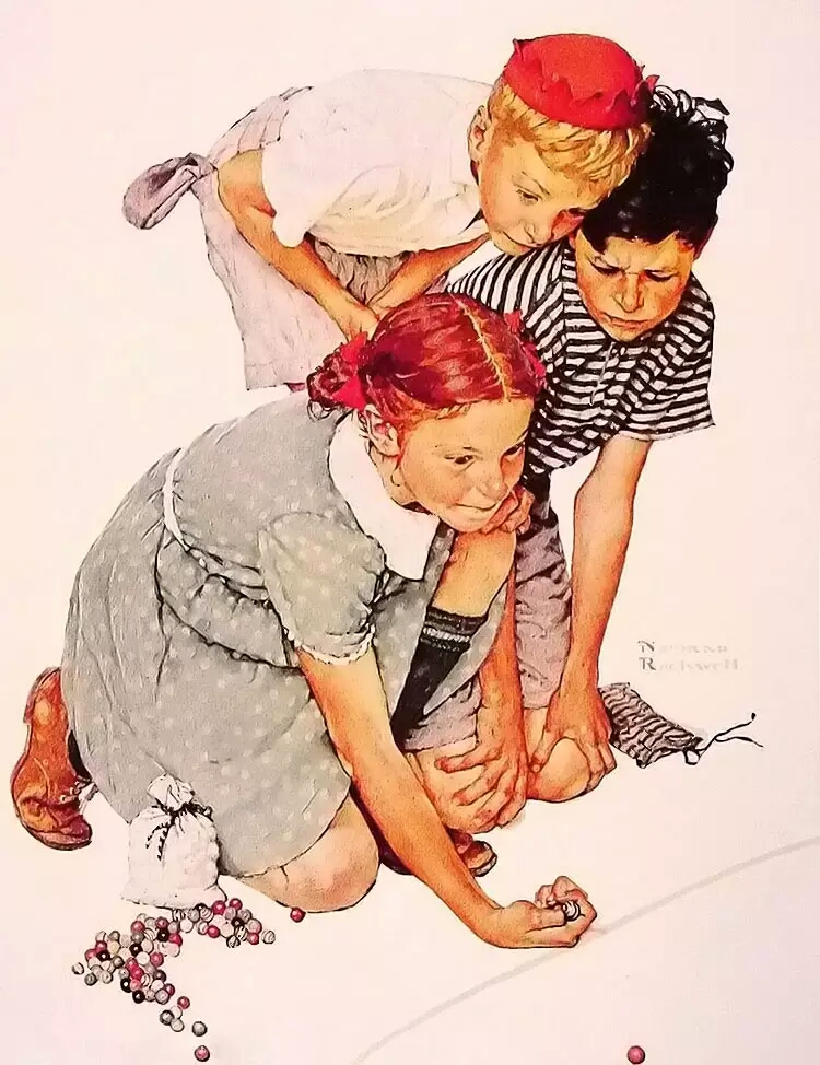 图为法国画家诺曼·洛克威尔(1894-1978)的作品《弹珠赢家》.