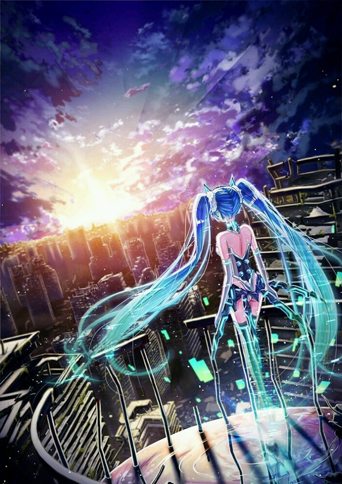 场景区 v家 初音未来 暖色调 都市晨曦 梦幻 意境 动漫 p站 插画 唯美