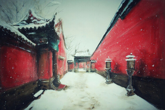 故宫 雪景 手绘 水彩 场景 古风 古典-堆糖,美好