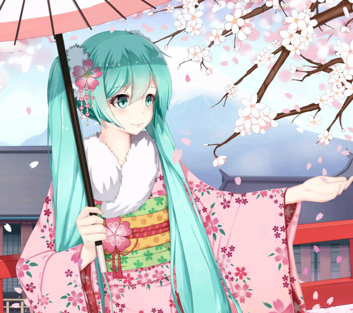 初音未来 虚拟歌姬 p站 图片 插画 唯美 意境 风景 樱花 古风 和服
