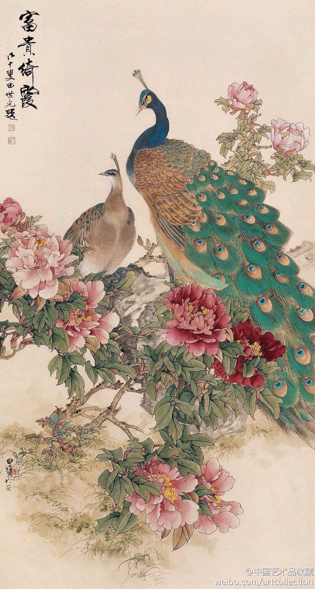 工笔花鸟 田世光《富贵绮霞】镜心,纸本设色,163×86cm.