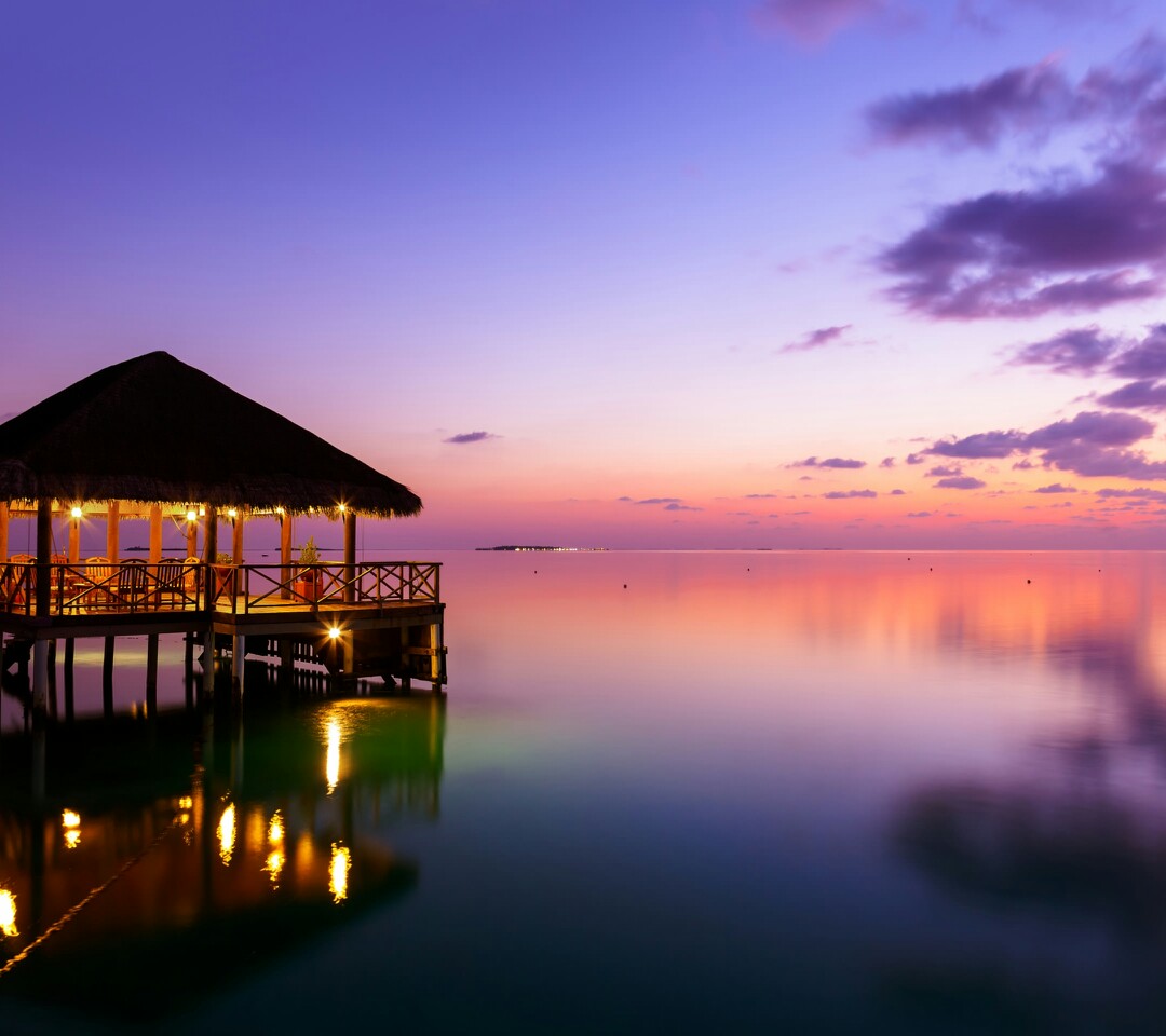 高清,海边,夕阳,落日,小木屋,背景,壁纸