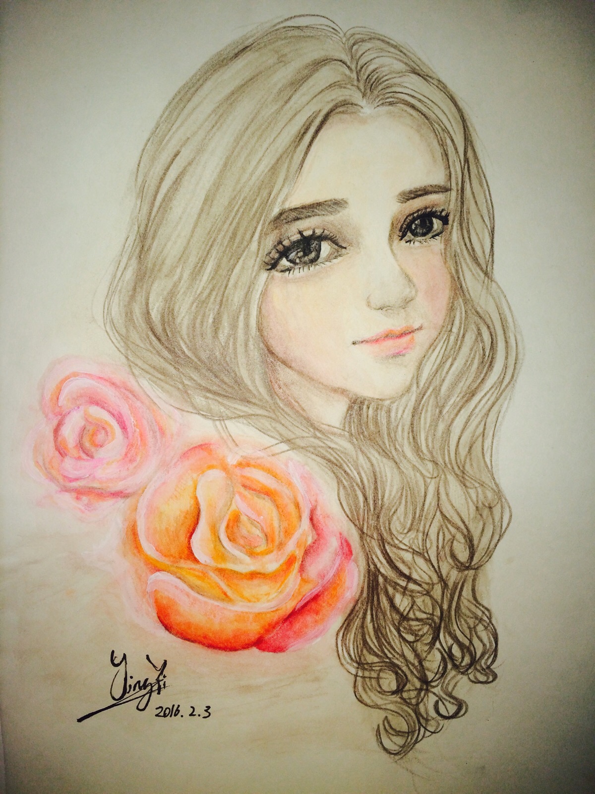 手绘花朵与少女 插画 彩铅 水彩 艺术插画 手机壁纸 文艺头像