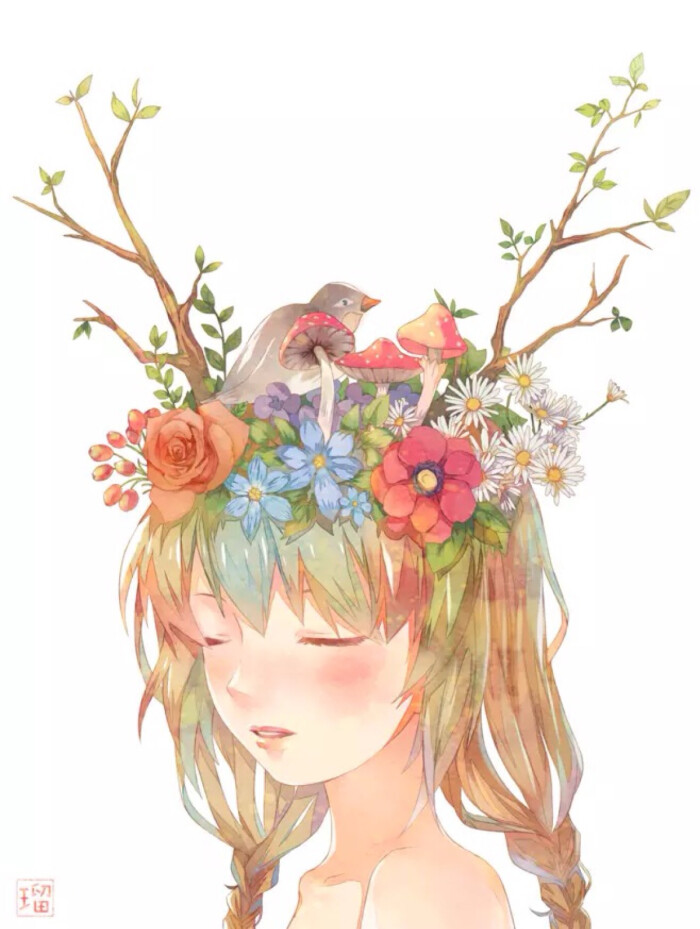 水彩 麻花辫 少女 小清新 温馨 治愈 树枝 花冠 鸟 蘑菇 萌 二次元