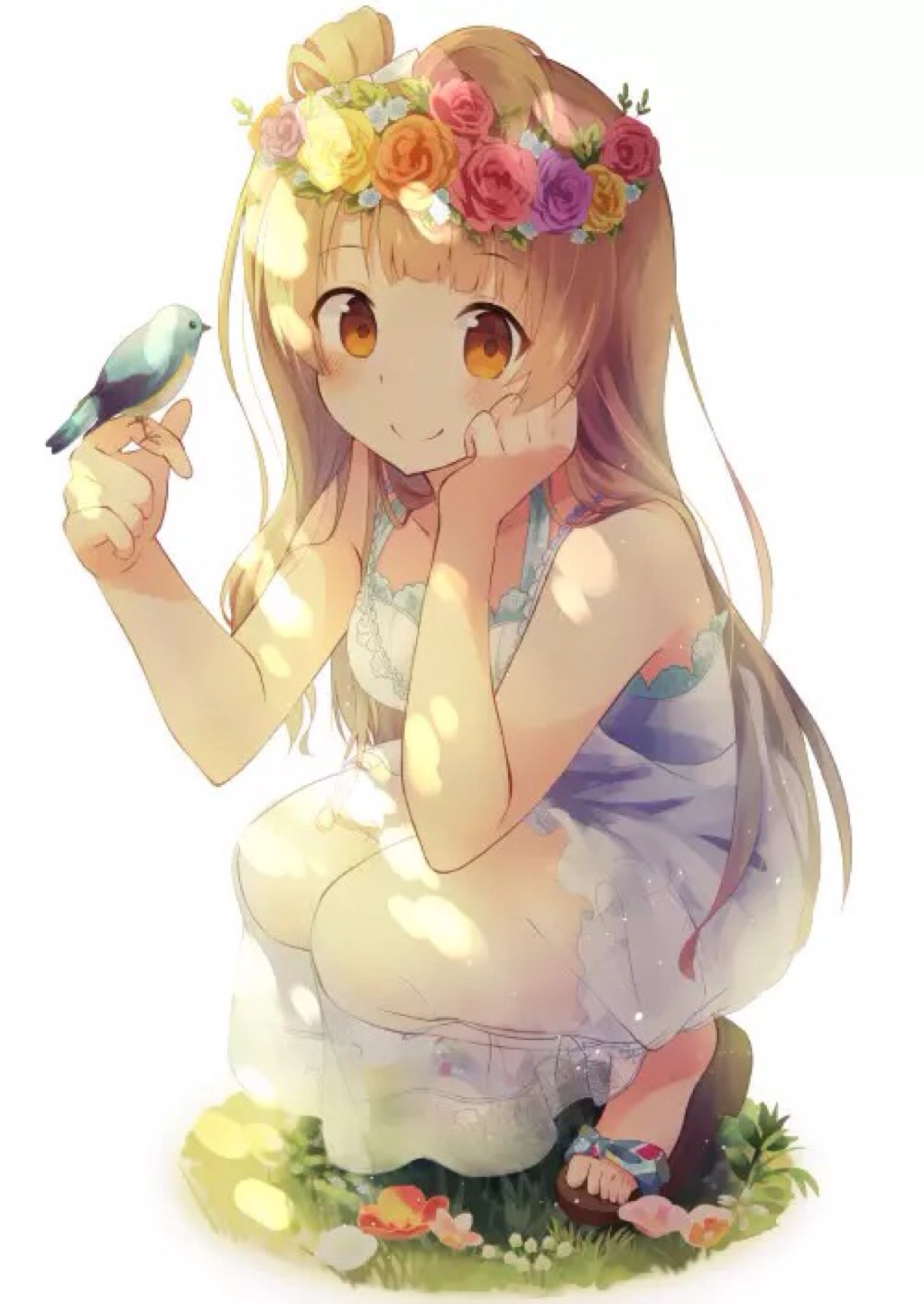 偶像 白裙 少女 小清新 温馨 治愈 鸟 花冠 萌 二次元 高清 壁纸 动漫