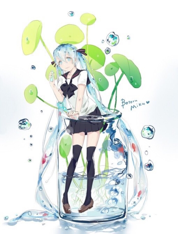 水初音 初音未来 杯子 植物 水手服 制服 少女 女孩 二次元 动漫 歌姬