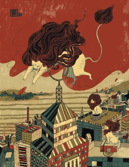 其作品色彩与线条的应用极具个人风格,画面内容非常虚幻,就像是梦中的