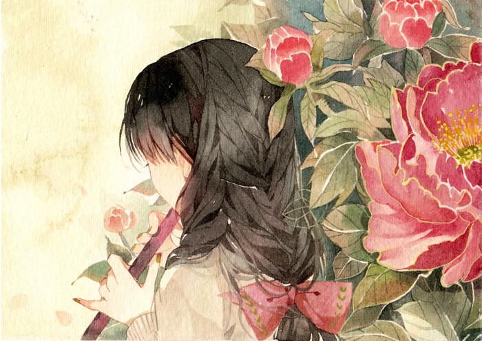 零届orz 水彩 花与少女 插画 暖色系 背影少女