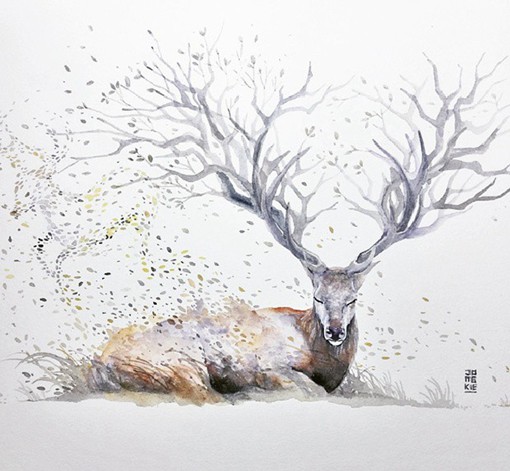 师luqman reza mulyono的梦幻主义色彩的水彩画作品,多数以麋鹿为主
