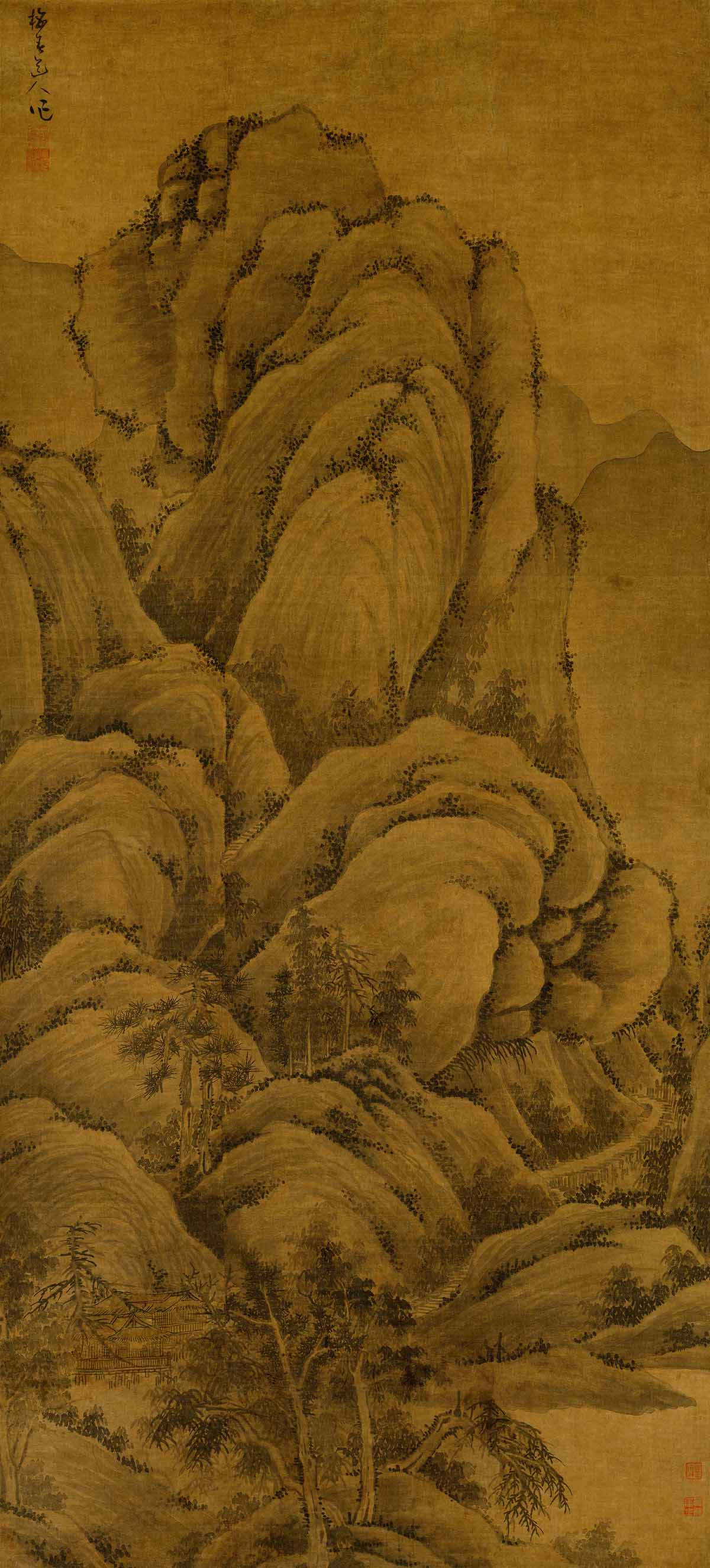 元 吴镇 溪山高隐图轴绢本160.5×73.4