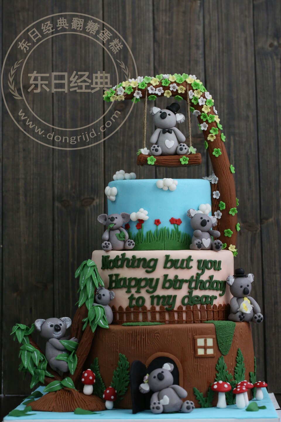 考拉生日蛋糕创意男孩女孩生日蛋糕大树森林动物树叶绿色蓝天白云草地