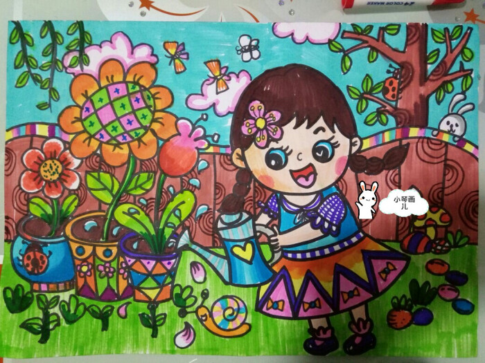 植树节,春天,水彩笔,种花,儿童画,油画棒