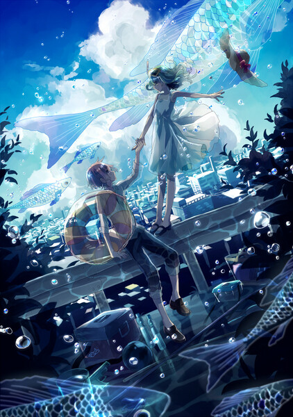 意境 插画 星空 唯美 黄昏 夕阳 风景 人物 深海 少年 少女 壁纸 蓝色