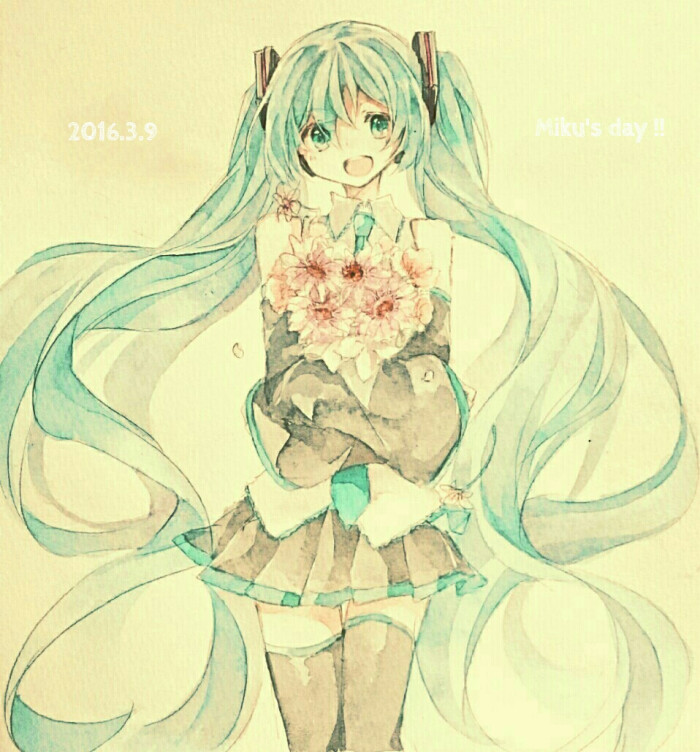 9日,ミクの日2016,初音之日,未来之日,p站,水彩,少女,花束