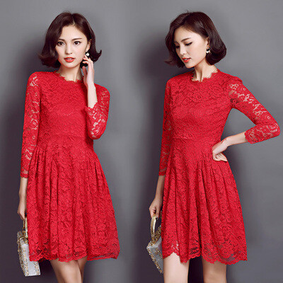 2016欧美春装高端大牌新款修身气质大红色蕾丝连衣裙