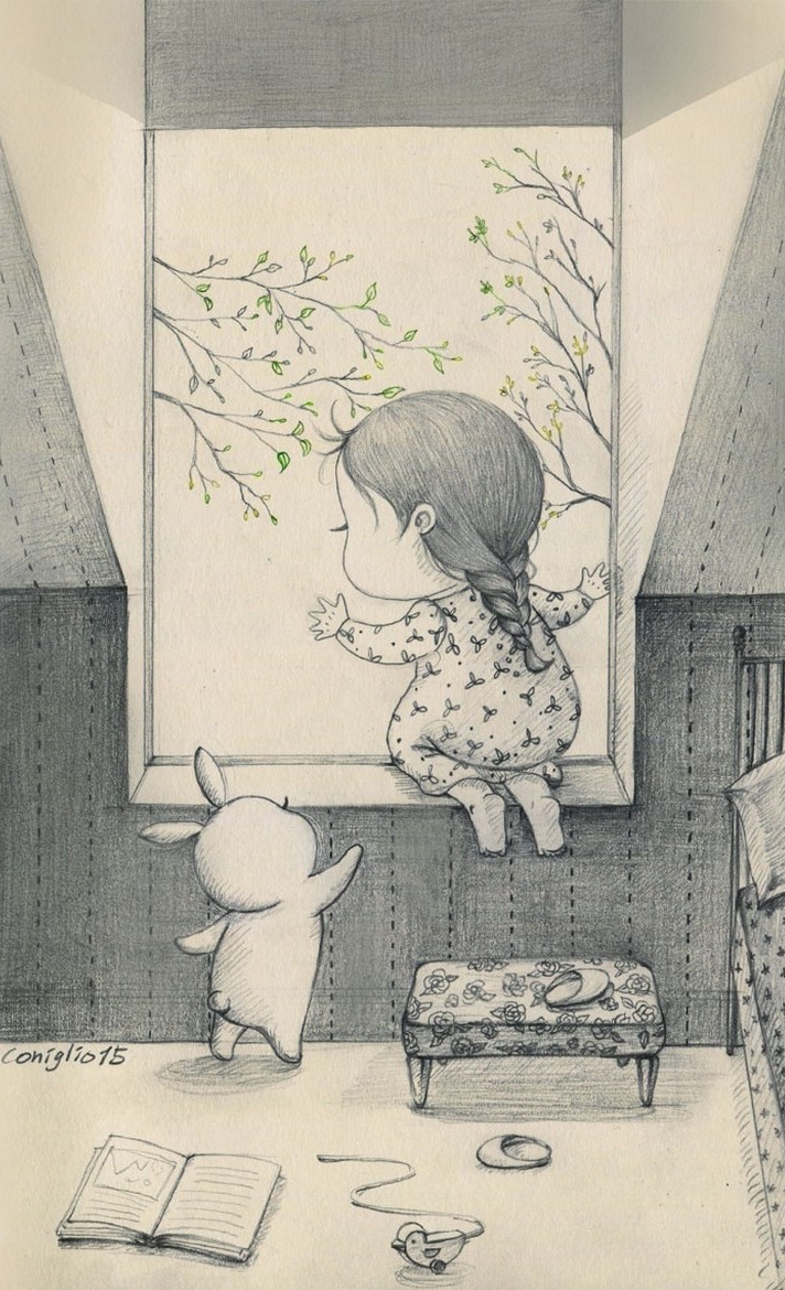 女孩与兔子 暖心插画-堆糖,美好生活研究所