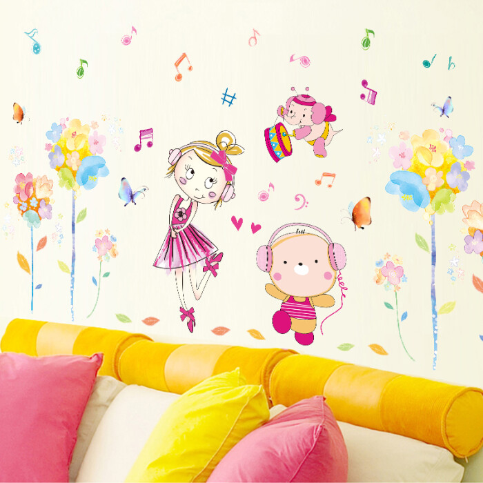 卡通动物音乐女孩墙贴 卧室儿童房幼儿园装饰