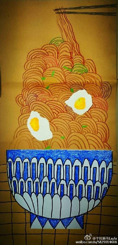 儿童画-大碗拉面加俩蛋来点香菜(ω),牛皮纸 油画棒