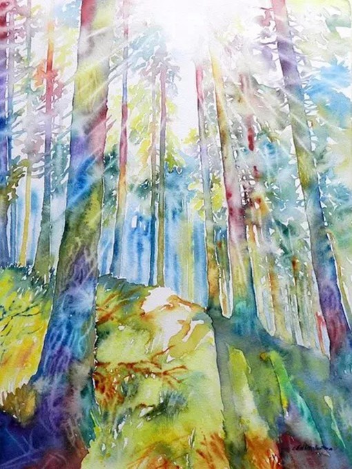 dalla valentin色彩斑斓的小树林水彩画作品,明媚的阳光让人心旷神怡