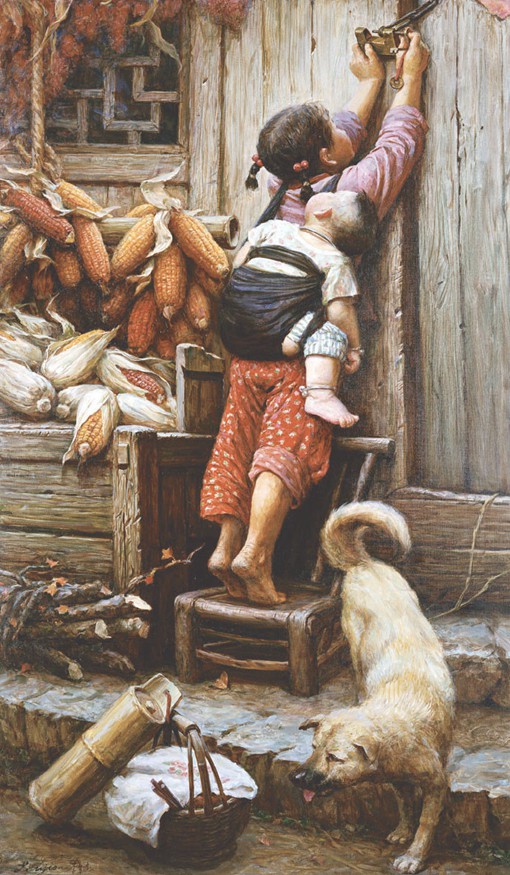 分享一组来自旅美画家李自健的姐弟亲情主题的生活油画作品,一起来