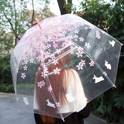 包邮 原创一场樱花雨 日系樱花玉兔小清新透明伞 唯美公主雨伞