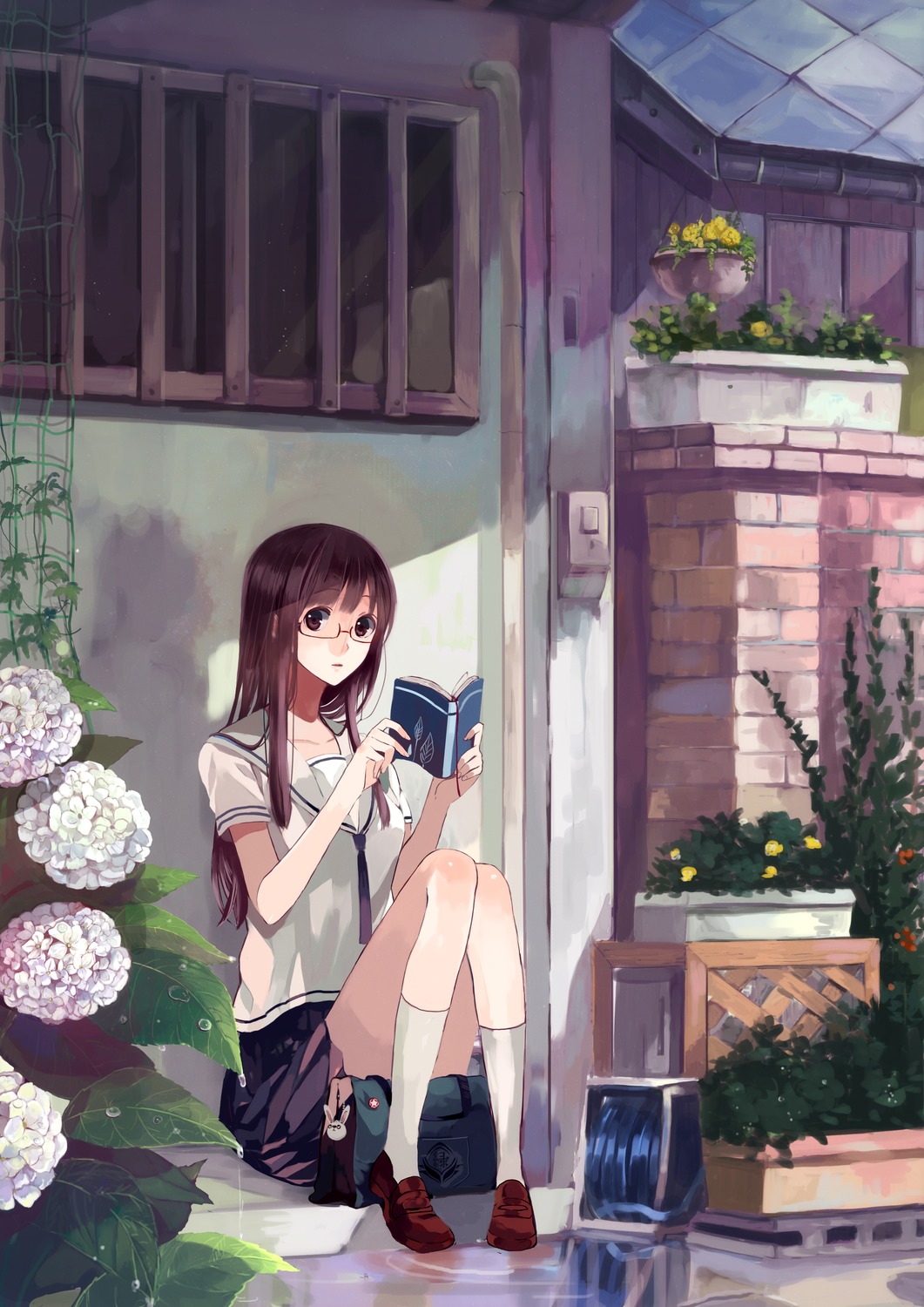 二次元 少女 雨 唯美 小清新 水中倒影 等待 花 美图 p站 插画 手绘