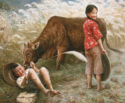 画家李自健的姐弟亲情主题的生活油画