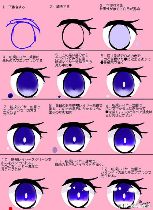 [cp]#绘画参考# 嗷ヽ(*`)收集了一组日系眼睛的画法,从铺色到小细节的