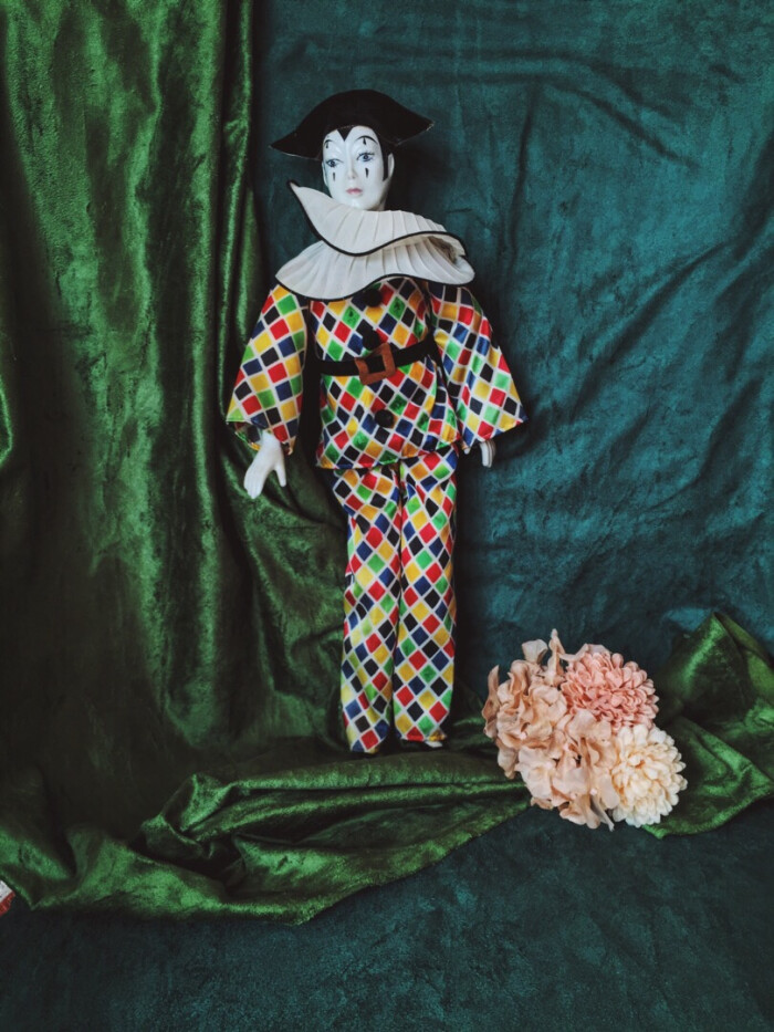 美国彩色格纹马戏团小丑皮埃罗vintage古董娃