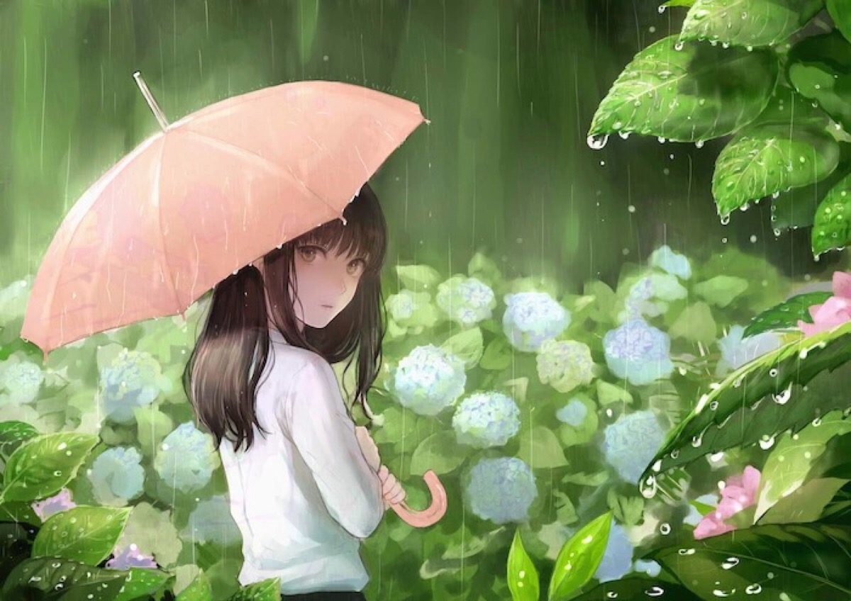 制服 少女 小清新 温馨 治愈 花雨 叶子 雨伞 萌 二次元 高清 壁纸