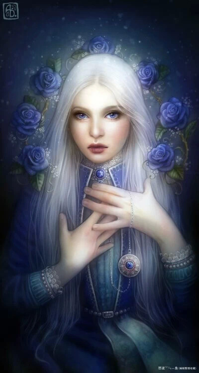 escume (anna dittmann) 唯美人物肖像插画美女与花卉插画梦幻插画蓝