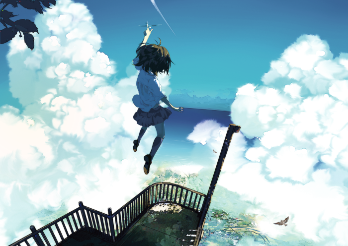 动漫 天空 云 少女 意境 幻想 插画 人物 场景 美图 壁纸 美炸 落下