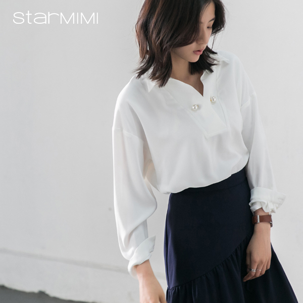 starmimi2016夏季半开襟v领针扣装饰前短后长宽松型衬衫女