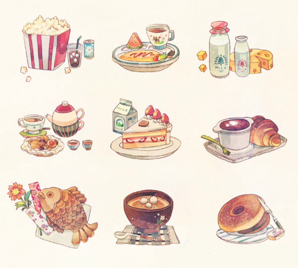 简约,手绘,少女,零食,美食平铺,壁纸,各名类素材,清新,插画