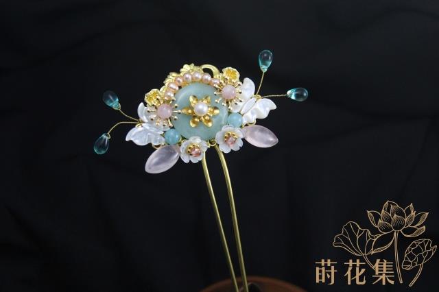 【莳花集】潇湘-海蓝宝平安扣清透粉晶双蝶发钗多宝发簪步摇原创