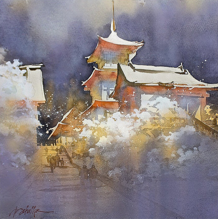 schaller 的水彩建筑绘画作品,精湛的水分控制和色彩融合,巧妙的留白