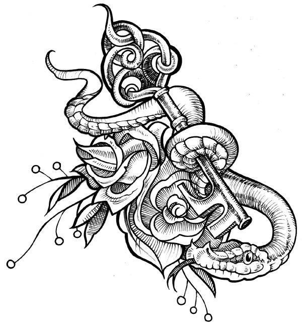 tattoo design 纹身手稿 设计图 蛇 玫瑰 钥匙 毒蛇