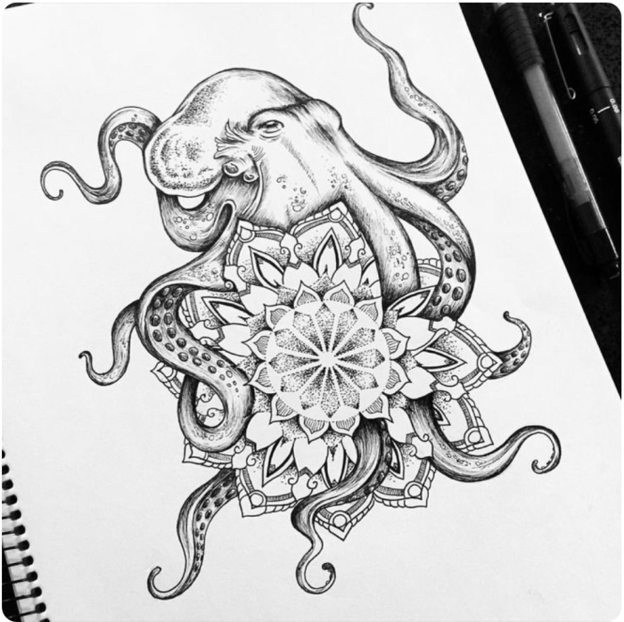 tattoo idea, art design 手绘,黑白,线稿,章鱼怪,抽象,创意,纹身手稿