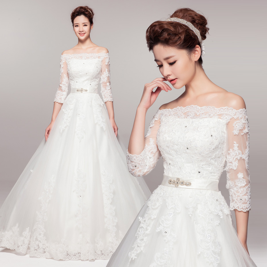 朵拉仙妮 艾美丽新款韩版蕾丝公主一字肩显瘦婚纱礼服长袖春