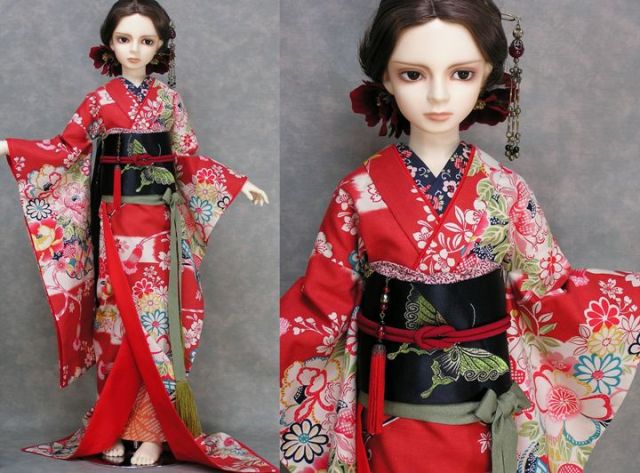 红色绣花和服 异域风情日本sd娃娃