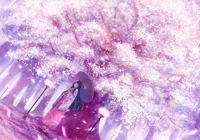 p站 画集 同人 原创 人物 封面 卡通 q版 沉溺于花海之间 少女 樱花树